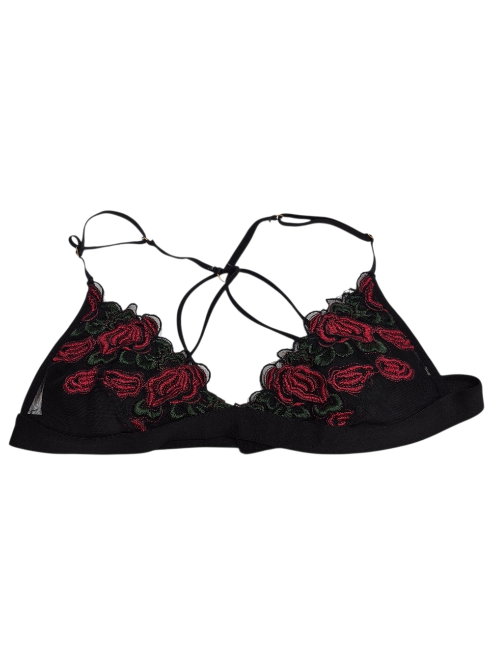 French Affair Black Bralette Red Rose Embroidery Women's Medium